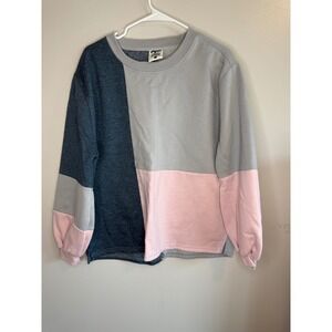 Color Block Sweatshirt - Pink Gray Blue Casual Pullover - Women's